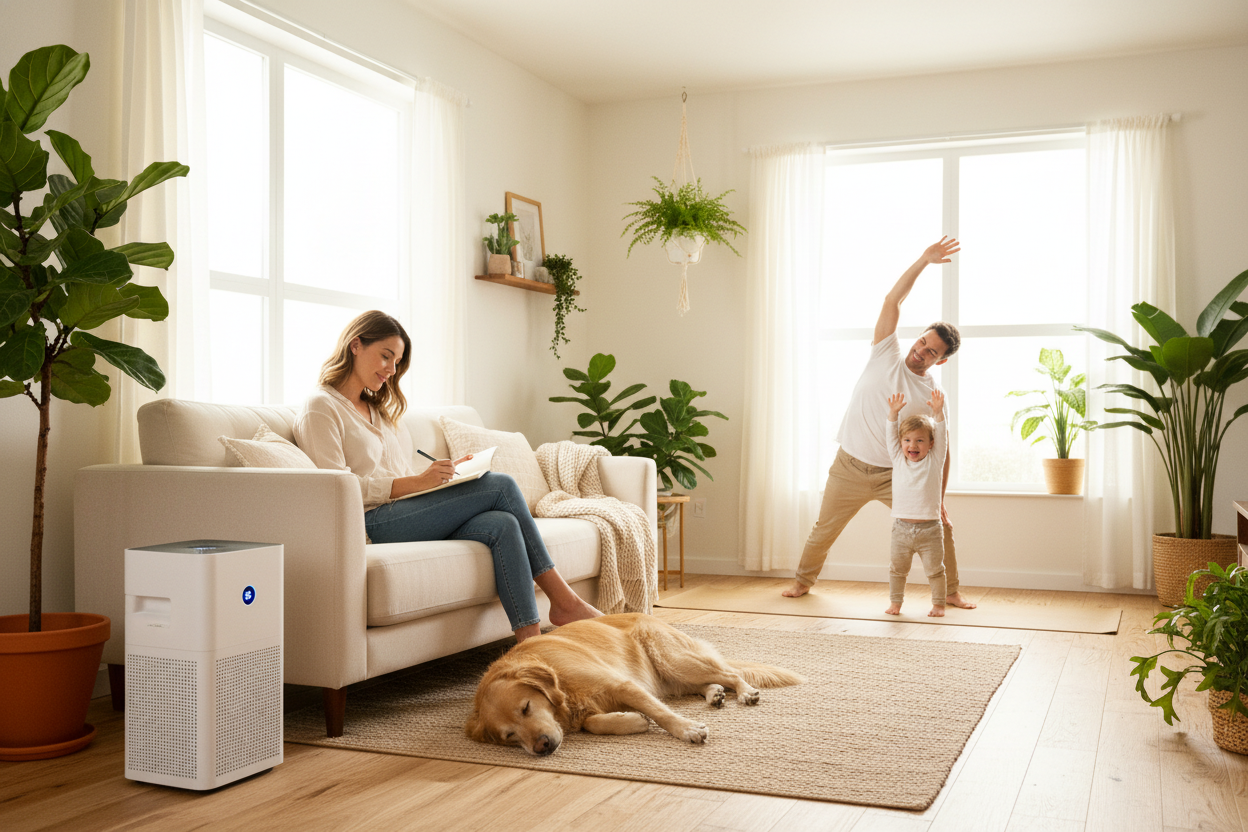 Family enjoying lifestyle health and sinus relief with clean air for mental and physical growth at home